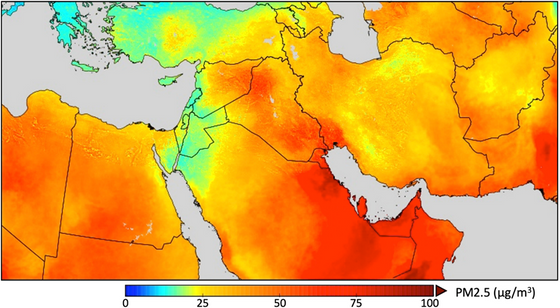 Εικόνα 5.1: Ετήσιες μέσες κατανομές των σωματιδίων στην Ανατολική Μεσόγειο και τη Μέση Ανατολή, που προέρχονται από δορυφορικές παρατηρήσεις. (Van Donkelaar et al. (2016))